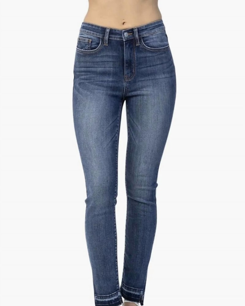 Front of a model wearing a size 24W Winona Released Hem Side Slit Skinnies Jeans In Medium Wash in Medium Wash by Judy Blue. | dia_product_style_image_id:356239